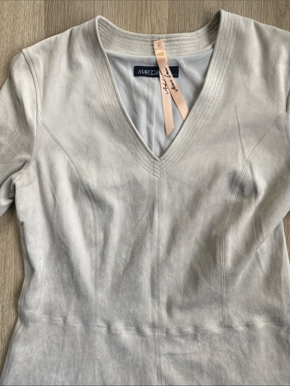 Marc Cain Faux Suede Fit & Flare Dress Neutral Beige Short Sleeve Minimalist - Picture 3 of 14